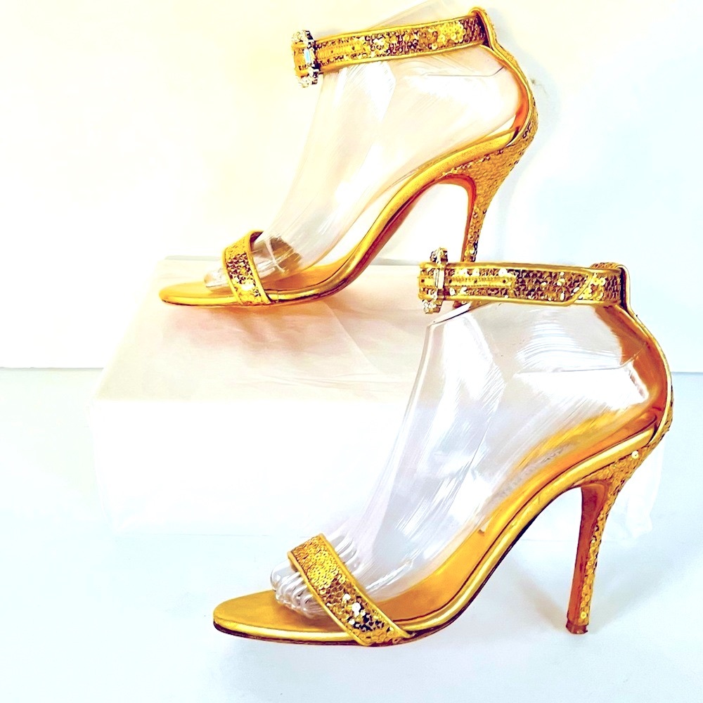 Manolo Blahnik gold sequin heels with crystal buckle 38